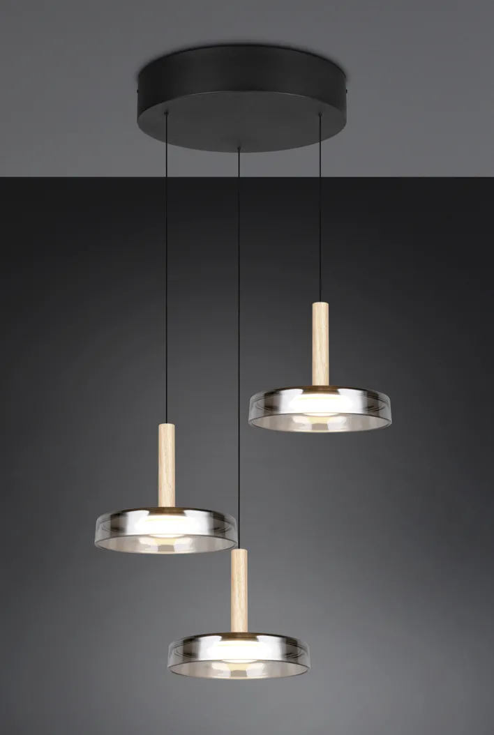 TRIO LED Pendelleuchte CELESTE 3-flg schwarz /Rauchglas