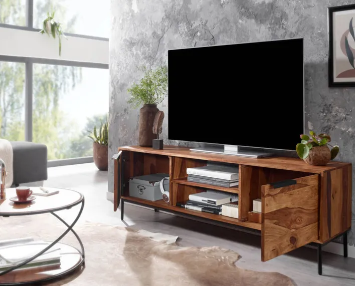 TV-Lowboard 147 x 51 cm Schwarz/ Sheesham massiv