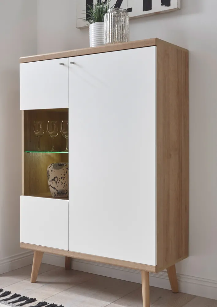 Vitrine 21 LENA/MERLE 90x134 cm Weiß Matt / Riviera Eiche Dekor