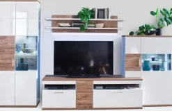 Wohnwand 320 cm NB weiß /Hochglanz weiß mit Sterling Oak