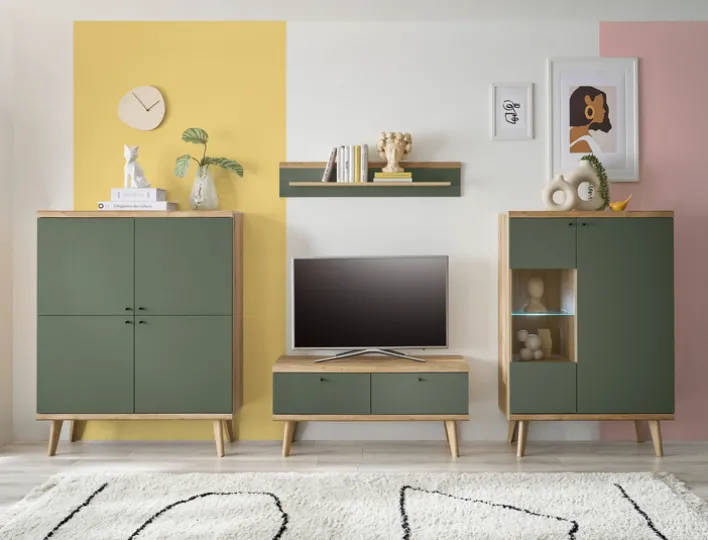 Wohnwand-Kombination 14 ALVA 4-teilig Salbeifarbig/braun 324 x 160 x 40 cm